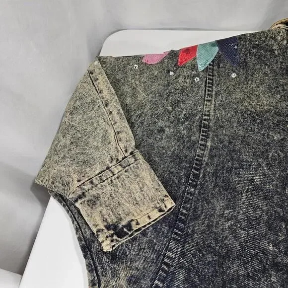 Diamonds Leather Acid Wash Embellished Denim Jean Jacket 1980s USA Size Medium - Picture 10 of 15